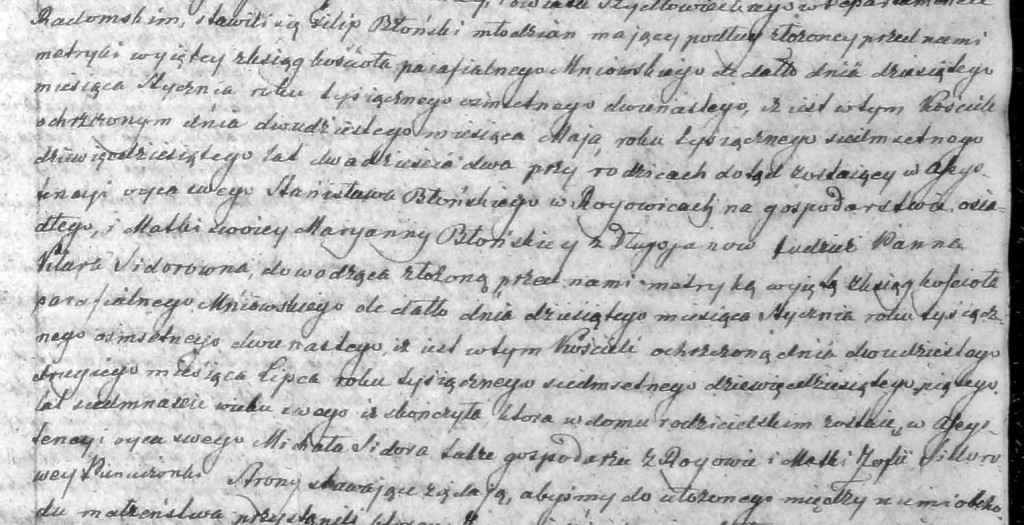 Fragment aktu małżeństwa Filipa Błońskiego i Klary Sidor z 25 stycznia 1812 r.
