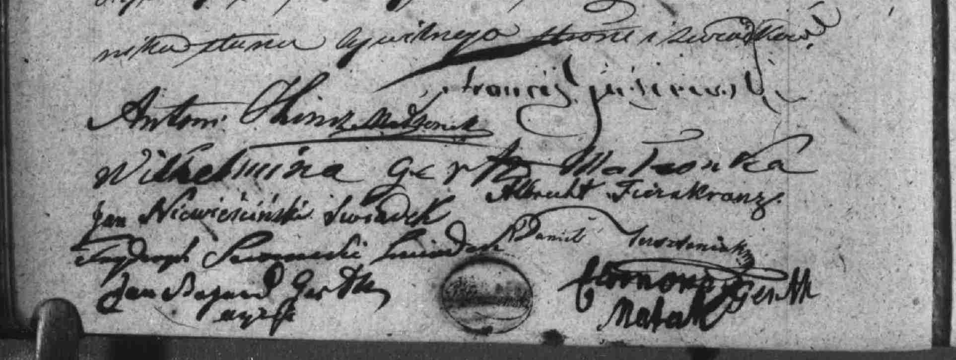 Podpisy z aktu ślubu Antoniego Hincza z Emilią (w akcie jako Wilhelmina) Gerth