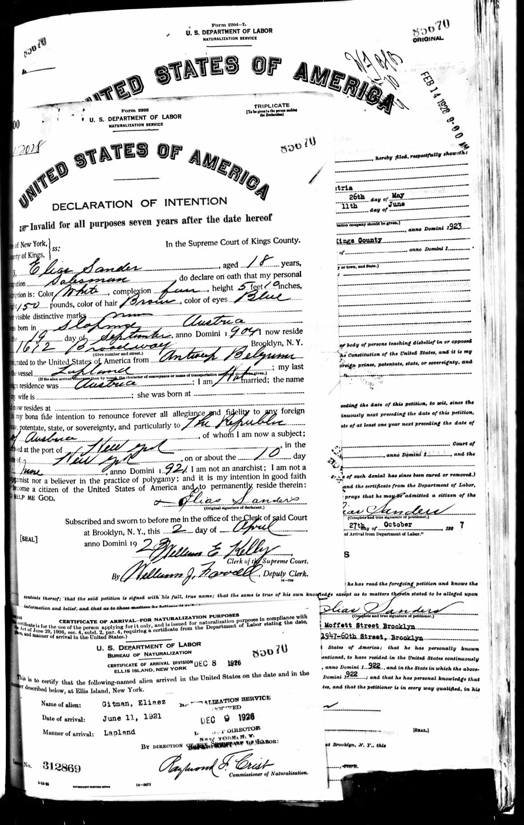 Dokumenty naturalizacyjne Sandersa/ fot. Ancestry.com