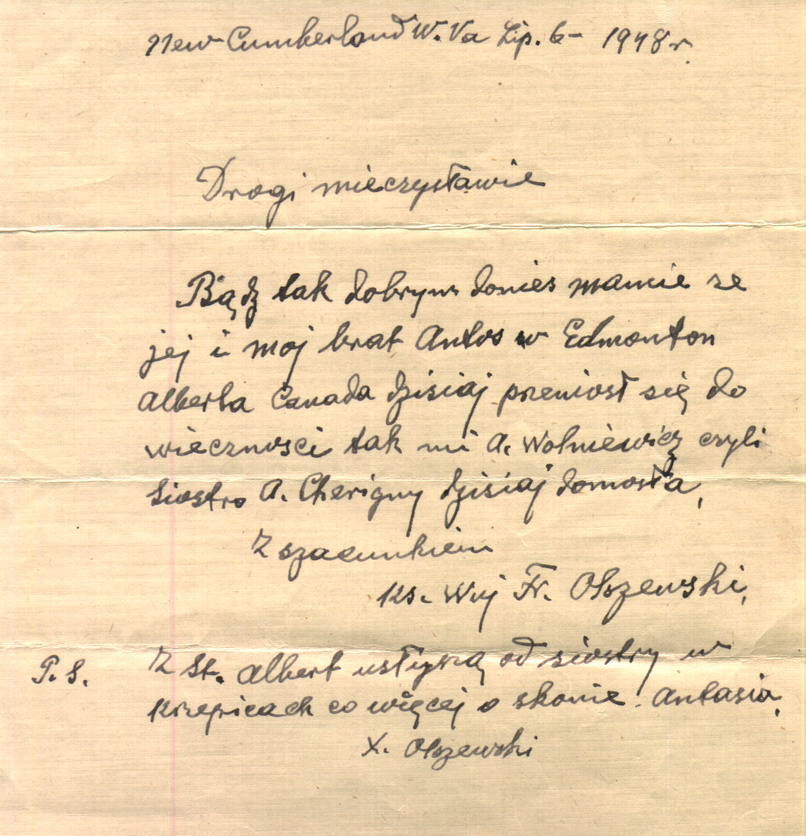 List ks. Franciszka Olszewskiego do Mieczysława Raczyńskiego/ fot. archiwum rodzinne Autorki